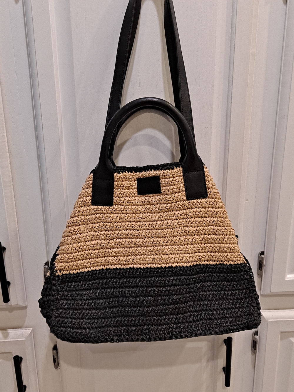 Lord Krishna Two-Tone Woven Natural/Black Paper Straw Tote Dual Handles